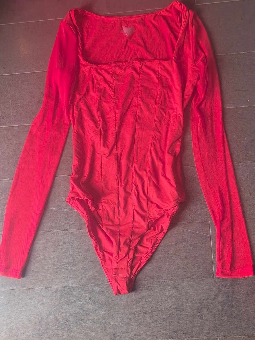 Women's Long-Sleeve Red Bodysuit With Sexy Sheer Sleeves